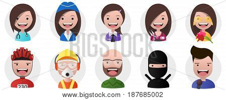 Set of avatars positive persons female and male heads different professions in flat style. Editable eps10 Vector. Transparent background.