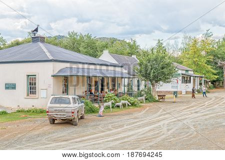 NIEU BETHESDA SOUTH AFRICA - MARCH 21 2017: Early morning street scene with restaurants in Nieu-Bethesda an historic village in the Eastern Cape Province