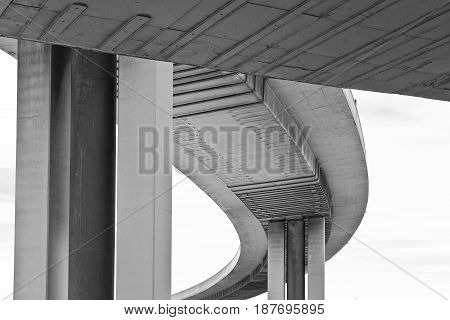 Abstract view of a support structure of a concrete flyover highway