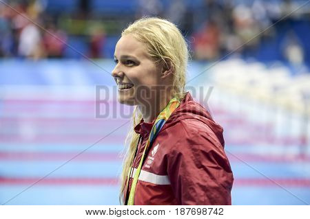 Rio de Janeiro Brazil - august 13 2016: Pernille Blume (DEN) gold metal during medal ceremony after Women's 50 metre freestyle of the Rio 2016 Olympics