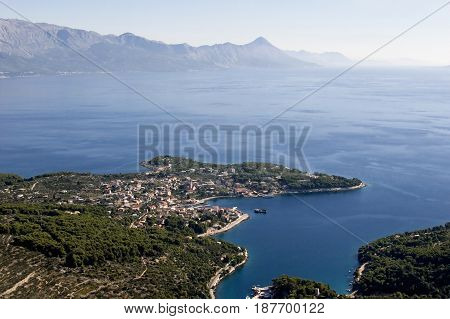 Aerial view of village Sumartin bay and peninsula on Brac island in Croatia