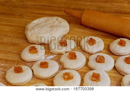 Pie Cooking In The Kitchen With Ingredients And Tools.