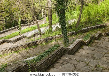 Paths with stairs in park covered with stone slabs in springtime