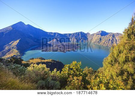 Panorama view of Mountain Rinjani active volcano at Lombok island of Indonesia