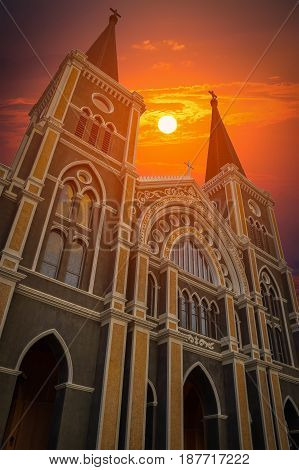 Roman Catholic church at sunset a landmark in Chanthaburi Thailand.