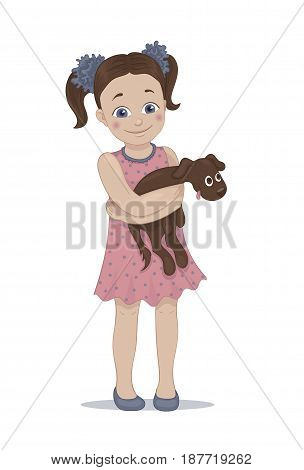 Hand drawn illustration of a cute little girl in a pink dress embracing her brown pet puppy