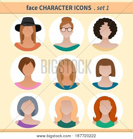 Female faces avatars. Character icons. Vector illustration set 1