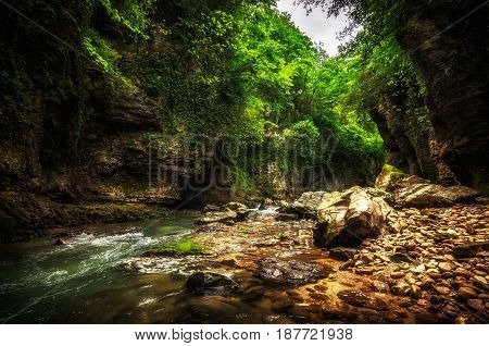 Martvili canyon in Georgia. Beautiful natural canyon with mountain river.