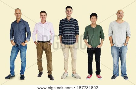 Diversity Adult Men Set Gesture Standing Together Studio Isolated