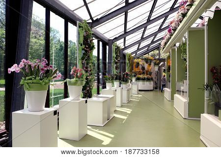 KEUKENHOF HOLLAND - MAY 14 2017: Pavilion of the Princess of the Netherlands Beatrix in the Royal Keukenhof Park