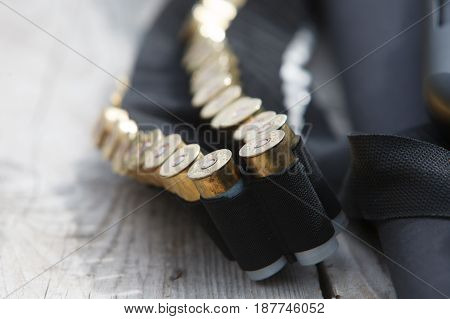 Bullets for the gun lie on a wooden table.
