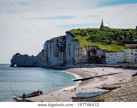 beautiful normandy - cliffs and beach étretat - france - may 2017