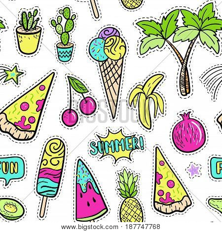 Hand Drawn Fashion Patches Tropical Elements: Avocado, Banana, Watermelon, Tropical Palm, Pizza Seam