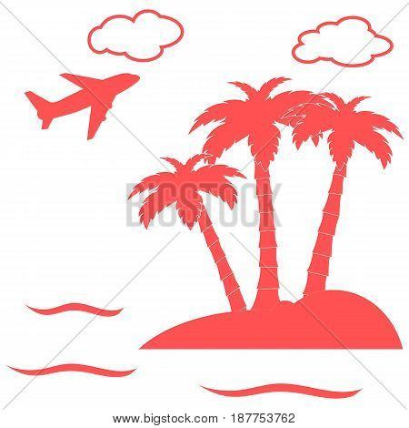 Stylized Icon Palm Trees On An Island In The Ocean And A Flying Plane