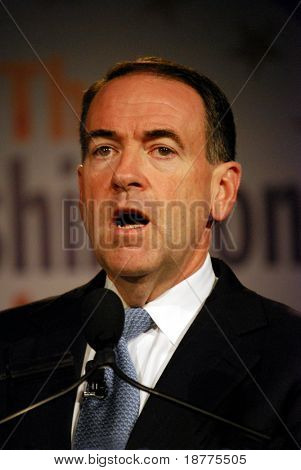 WASHINGTON DC â OCT 20: Governor Mike Huckabee speaking at âWashington Briefing 2007: Values Voter Summitâ on October 20, 2007, at the Hilton Hotel in downtown Washington DC.