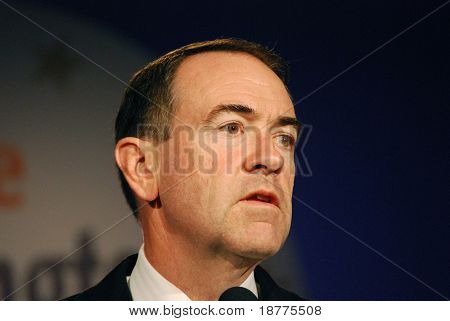 WASHINGTON DC â OCT 20: Governor Mike Huckabee speaking at âWashington Briefing 2007: Values Voter Summitâ on October 20, 2007, at the Hilton Hotel in downtown Washington DC.