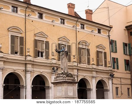 Ferrara, Italy. Savonarola Square with the statue of Girolamo Savonarola.