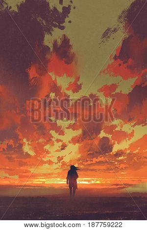 lonely man looking at fiery sunset sky with digital art style illustration painting