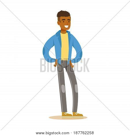 Smiling casual young African man in blue jacket standing. Colorful cartoon character vector Illustration isolated on a white background