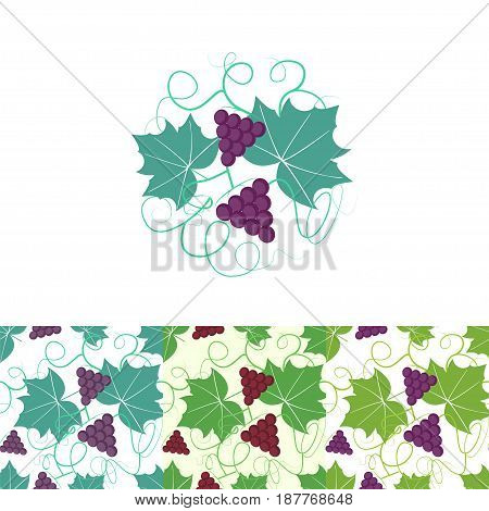 Grape circle logo and seamless pattern. Stock vector illustration for wine production and restaurant brand.