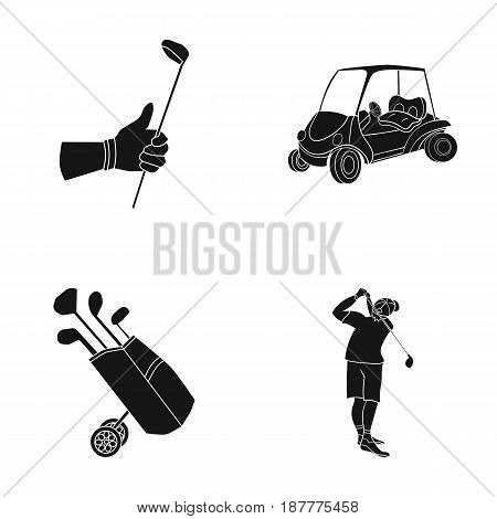 A gloved hand with a stick, a golf cart, a trolley bag with sticks in a bag, a man hammering with a stick. Golf Club set collection icons in black style vector symbol stock illustration .