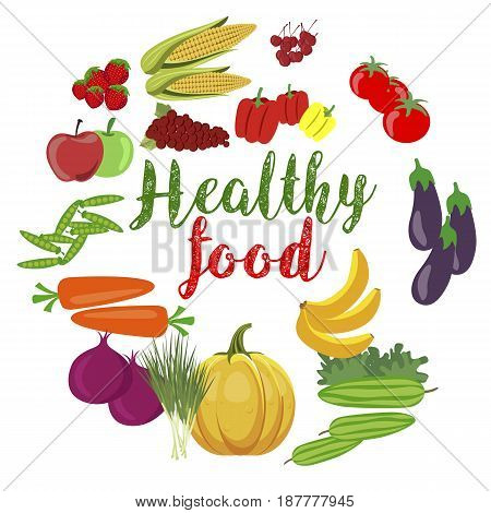 Fresh organic vegetables and fruits with healty food text over white background