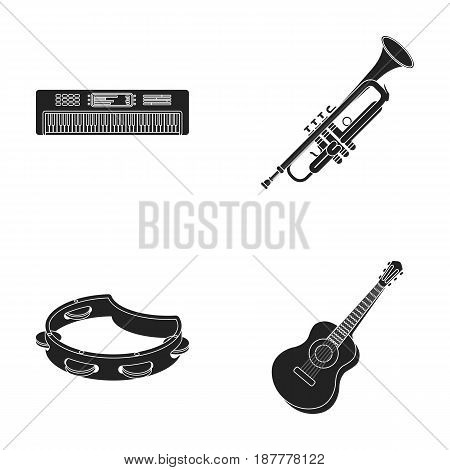 Electro organ, trumpet, tambourine, string guitar. Musical instruments set collection icons in black style vector symbol stock illustration .