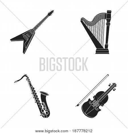 Electric guitar, loudspeaker, harp, saxophone, violin.Music instruments set collection icons in black style vector symbol stock illustration .