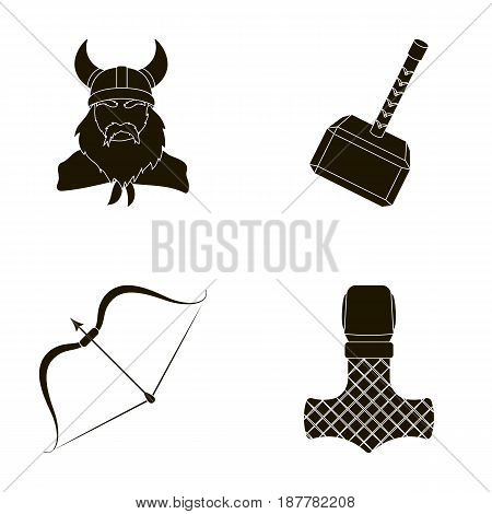 Viking in helmet with horns, mace, bow with arrow, treasure. Vikings set collection icons in black style vector symbol stock illustration .