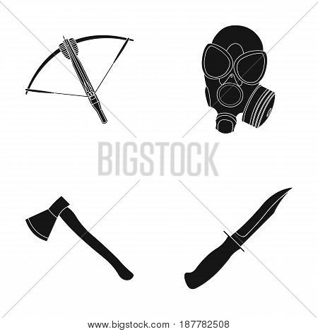 Crossbow, gas mask, ax, combat knife. Weapons set collection icons in black style vector symbol stock illustration .