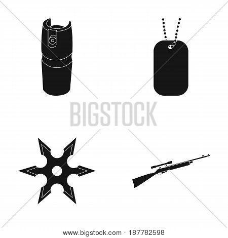 A gas cylinder, a soldier's token, a sniper rifle, a shuriken. Weapons set collection icons in black style vector symbol stock illustration .