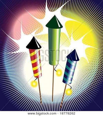Illustration vectorielle de feux d'artifice - trois fusées colorées qui explose
