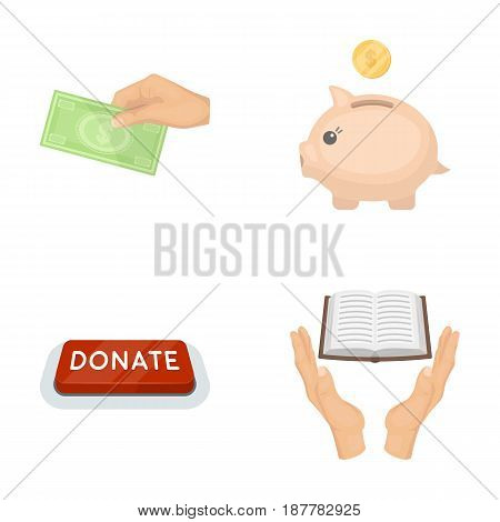 Hand with money for poshestvovaniya, a piggy bank for charity, a button with an inscription, a book for the blind in their hands. Charity and donation set collection icons in cartoon style vector symbol stock illustration .