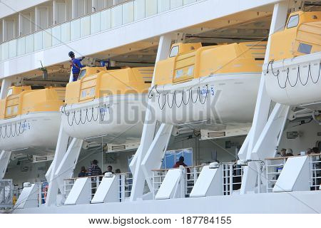IJmuiden the Netherlands - April 30th 2017: Aida Sol docked at the Felison Cruise Terminal detail of safety vessels