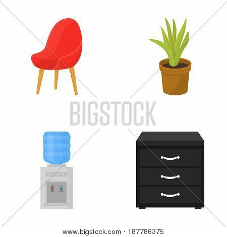 A red chair with a comfortable back, an aloe flower in a pot, an apparatus with clean water, a cabinet for office papers. Office Furniture set collection icons in cartoon style vector symbol stock illustration .