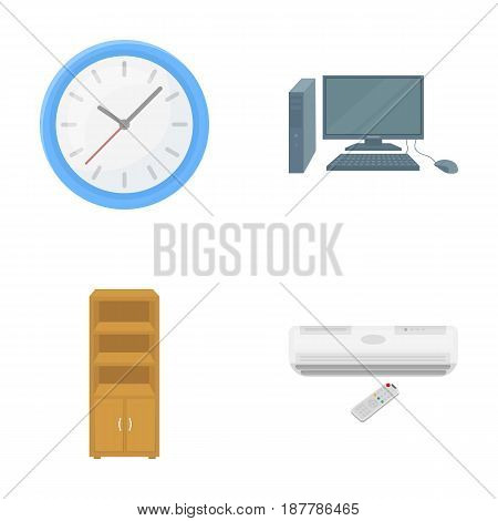 Clock with arrows, a computer with accessories for work in the office, a cabinet for storing business papers, air conditioning with remote control. Office Furniture set collection icons in cartoon style vector symbol stock illustration .