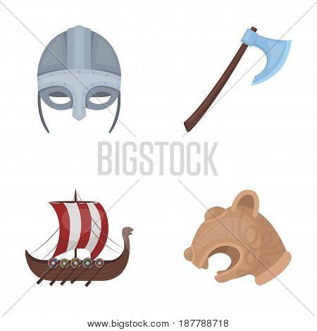 Viking helmet, battle ax, rook on oars with shields, dragon, treasure. Vikings set collection icons in cartoon style vector symbol stock illustration .