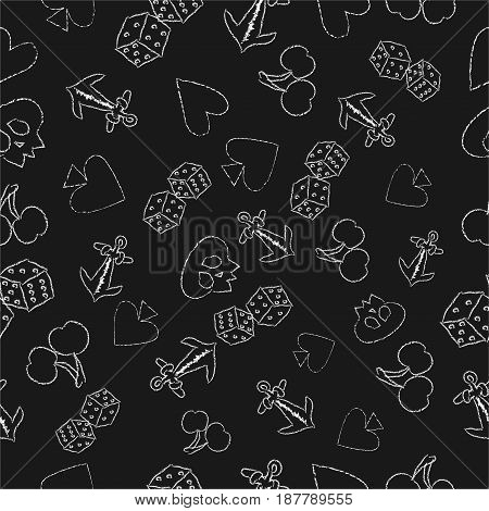 Seamless texture with white elements of cards and fruits