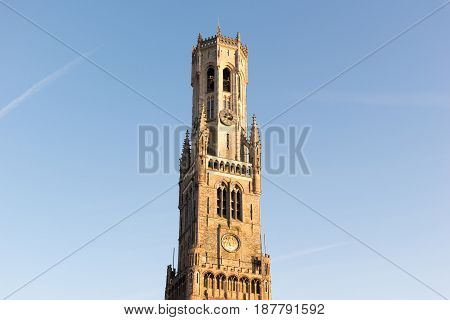 The Belfry Tower Of Bruges. Belfort Is A Medieval Bell Tower In Bruges, Belgium.