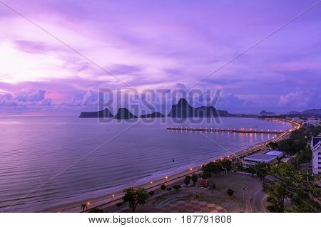 scenic dayspring of Prachuap Khiri Khan on Khao-Chong-Grachok With the sea beaches and islands and bridges stretching out to sea.
