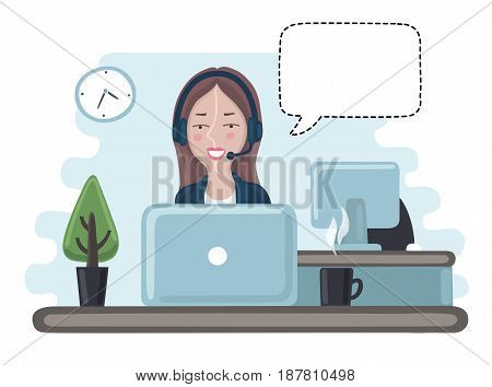Vector cartoon illustration of pretty girl manage consultan in call center. Office worker and bubble speach