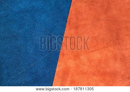 Close Up Suede Navy Blue And Orange Leather Divide At Half Ratio Texture Background,fabrics Division