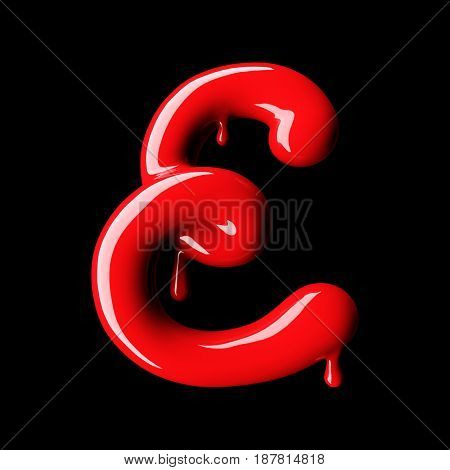 Glossy red letter E uppercase. 3D rendering font with glint on black background.