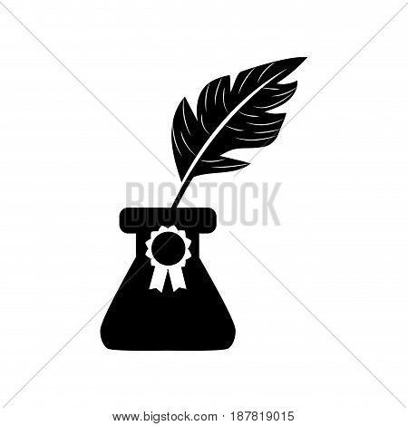 contour cute inkpot with feather to writing manuscript, vector illustration