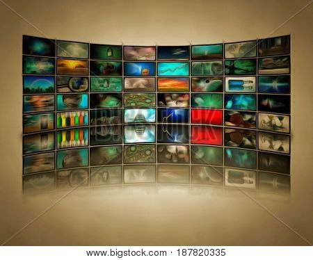 Wall of TV's screens.  3D rendering    Some elements courtesy of NASA