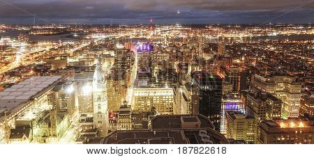 The city lights of Philadelphia - aerial view at night  -  2017