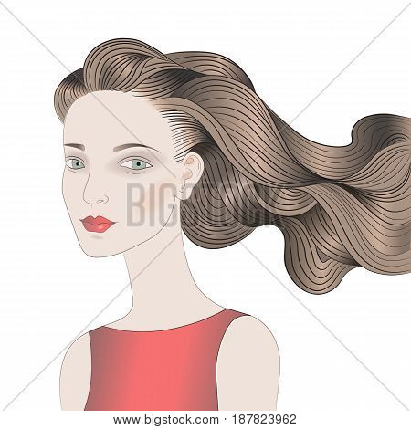 Beautiful young woman in red with brown wavy flying hair