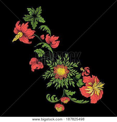 Embroidery for the collar line. Floral ornament in vintage style on a black background. Stock vector illustration.