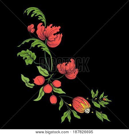 Embroidery for the collar line. Floral ornament in vintage style on a black background. Stock vector illustration.