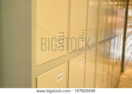 Row Of Old Lockers In School Hallway stock photo